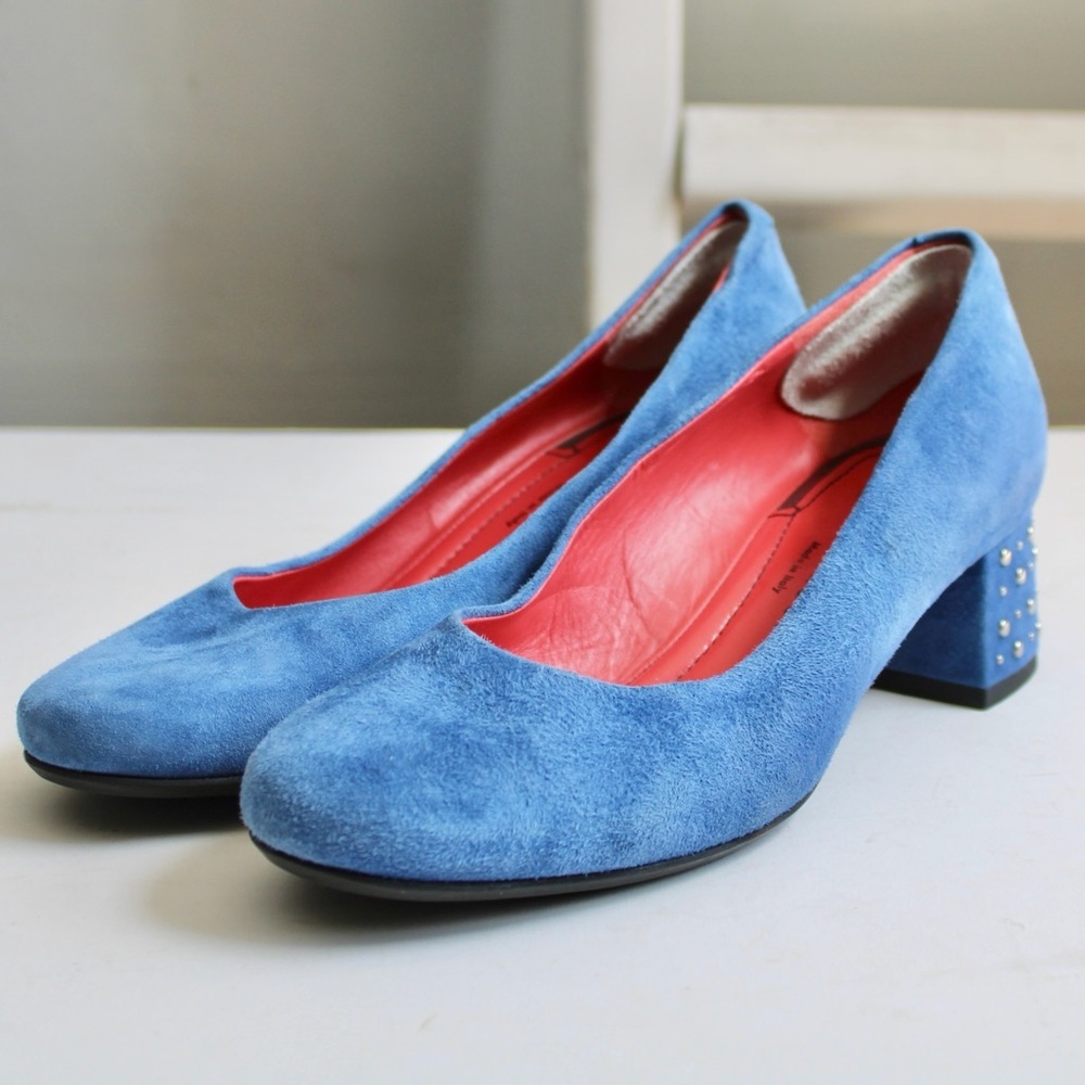 Pas de Rouge Blue Suede Round Toe Embellished Studded Block Heel 2190 Size 7.5 - Picture 6 of 9